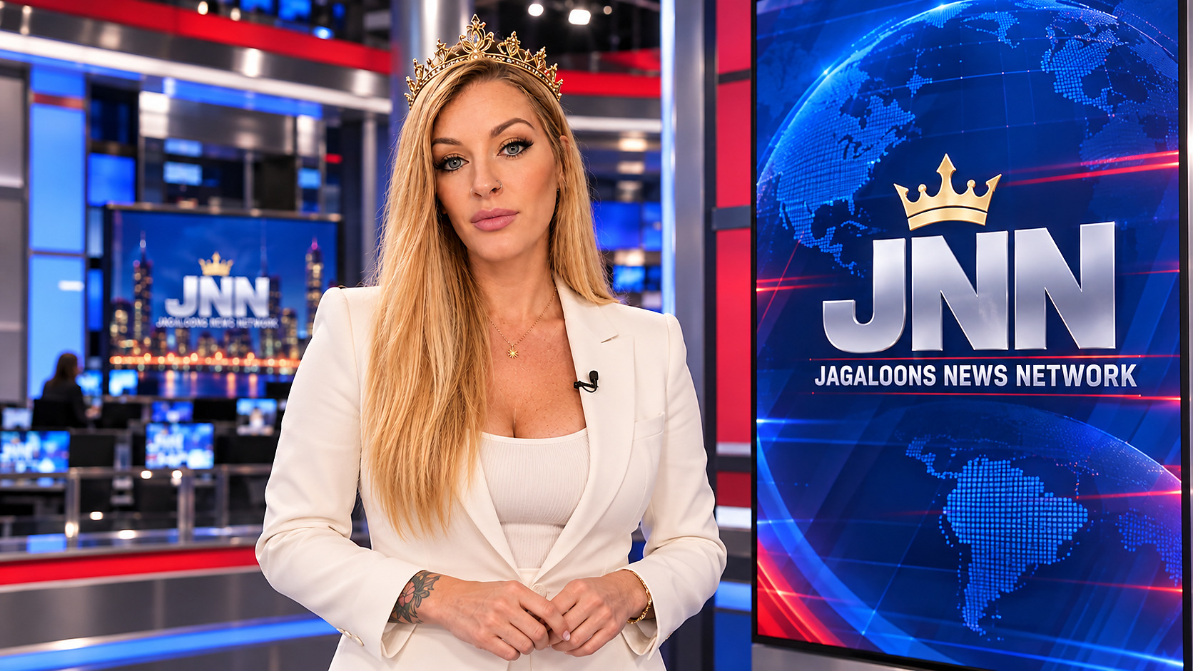 Amy Buttermaker in the Jagaloons News Network studio