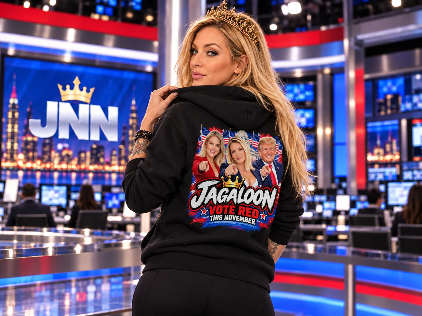 Amy Buttermaker looking over her shoulder to show the patriotic back print of the black Jagaloons hoodie