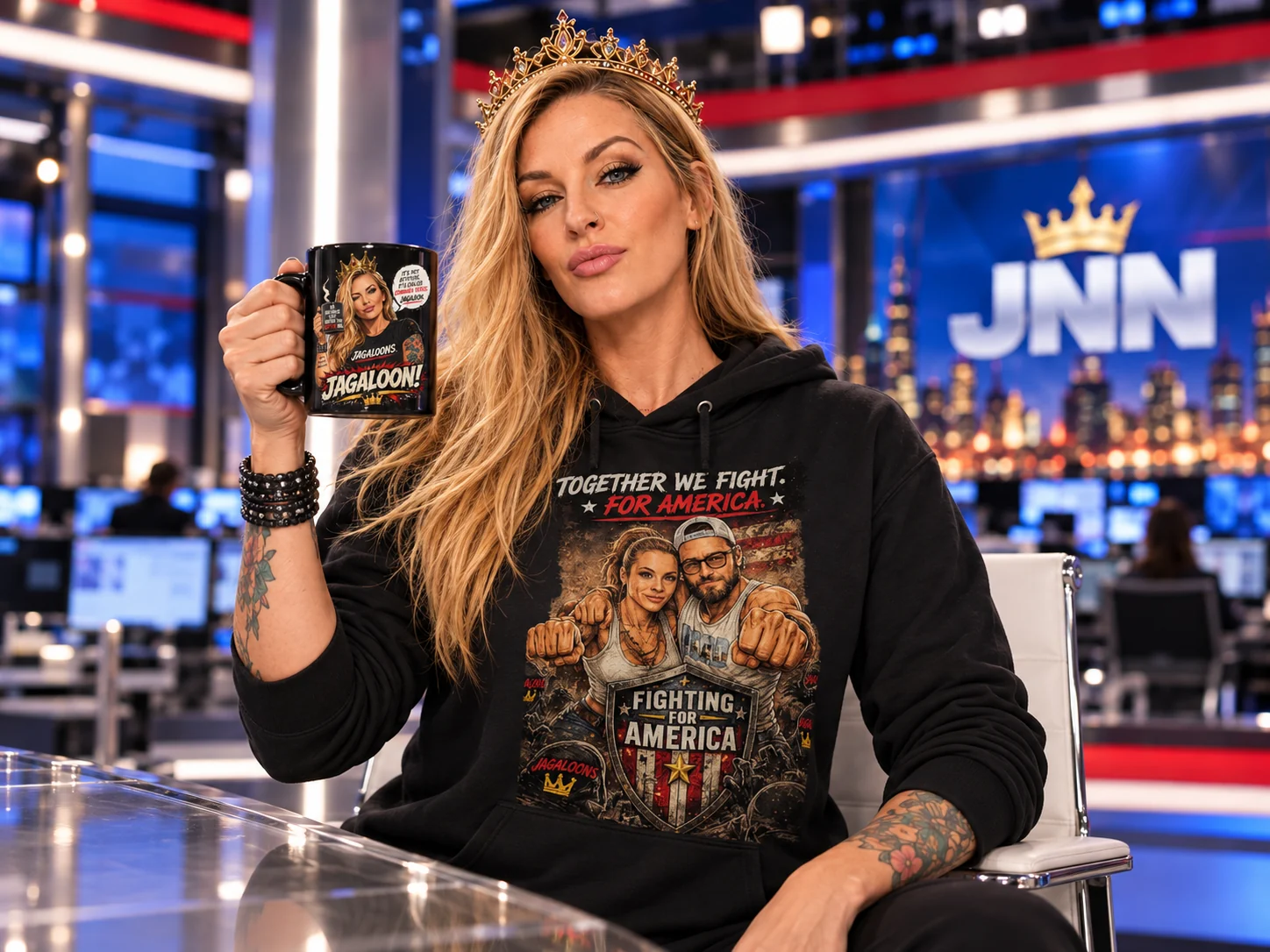 Amy Buttermaker at the JNN desk wearing the black Jagaloons hoodie and holding the Jagaloons mug