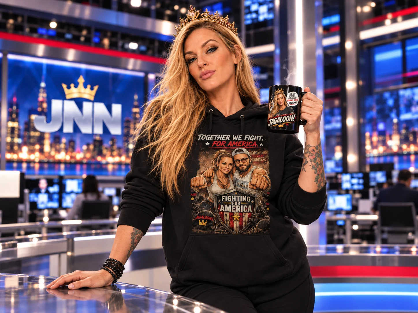 Amy Buttermaker wearing a Jagaloons hoodie and holding the black Jagaloons coffee mug in the JNN newsroom